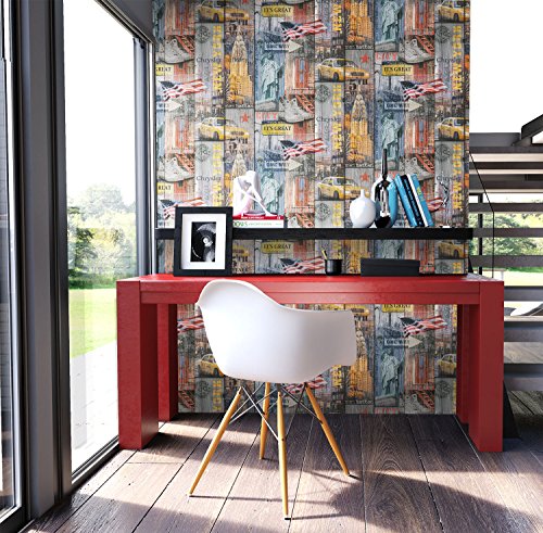 NEWROOM Tapete Bunt Papiertapete Natur Holz,Schrift,Städte,Städtenamen schöne moderne und edle Design Optik , inklusive Tapezier Ratgeber - 3