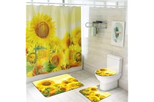 Enhome Juego de 4 Piezas de Alfombra de baño Antideslizante + Tapa de Inodoro + Alfombrilla de baño + Cortina de Ducha, Estampado Floral (Girasol D)