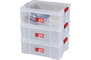 SUNDIS Clip'N Store, Zestaw 3 pudełka do przechowywania 27l z pokrywką i klipsami zamykającymi, tworzywo przezroczyste, nadaje się do kontaktu z żywnością, możliwość sztaplowania i łączenia