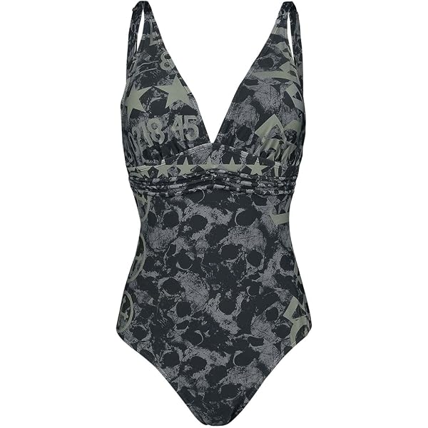 Black Premium By EMP Damen Bikinioberteil – Schwarz, Mit Totenkopf & Rosen-Print, Vorgeformte Cups (Größe Normal, Basic-Style)