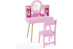 COSTWAY Kids Dressing Table, Girls Vanity Set with Stool, 2-Color LED Lights Mirror, Drawers, Storage Shelves, Make Up Pretend Dresser Desk Chair Set (Pink)