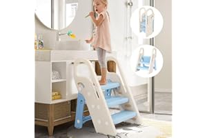 Growaystory Marche Pied pour Enfants, Marche Pied Pliable avec 3 marches, réglable en Hauteur, Tour d'apprentissage, pour Cusine, Salle de Bain,Chambre à Coucher (Bleu)