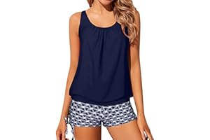 IHCEMIH Swimming Costume Women Tankinis Sets Blouson Swimsuits Push up High Waisted Swimwear Bathing Suit Women's Printed Beachwear 2 Piece Tankini with String Shorts for Ladies UK