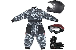 Zorax Black CAMO M(7-8 Years) Kids Suit & Gloves M(6cm) & Goggles & ZOR-X15 M (51-52cm) Matte Black Kids Motocross Motorbike Helmet Motorcycle Helmet ECE2206