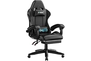 bigzzia Gaming chair with massage function, ergonomic gamer chair with footrest, headrest, lumbar cushion, height adjustment, tilt 90°-155°, gaming chair for gaming, work, relaxation (Black)