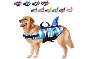 ACURYX Large Dog Life Jacket Shark, Dog Swimming Safety Vest with Reflective Stripes & Rescue Handle, Adjustable High Buoyancy S/M/L Dog Swim Life Preserver for Water at Pool, Beach, Boating Camo Blue M