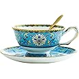 YBK Tech Cup& Saucer Set Bone China Tea Coffee Cup for Breakfast Afternoon Tea- Classic Enamel Patterns (Blue)
