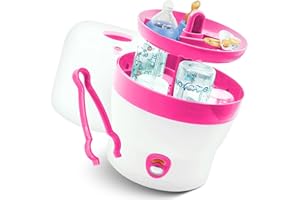 Babyruf BS 29b Sterilisator für Babyflaschen | Dampfsterilisator & Vaporisator | bis zu 6 Flaschen | Einfache Bedienung | Baby Erstausstattung Neugeborene | Flaschenreiniger | Baby Zubehör | weiß/pink