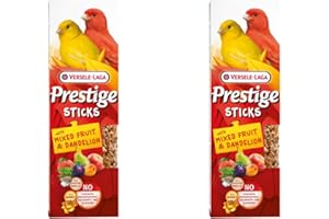 Versele-Laga Prestige Sticks Canarini Frutta Mista & Tarassaco | Confeszione Doppia | 2 x 60 g | Snack per Canarini | Senza conservanti, coloranti o aromi sintetici