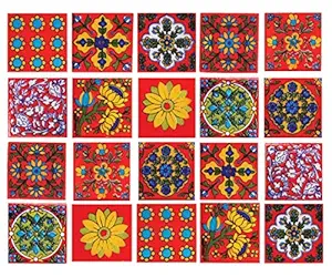 Shiv Kripa Blue Pottery Floral Festive Crafted Tabletop Flooring Wall Interior Exterior Decorative Traditional 2 x 2 inch Tiles Pack of 20 Tiles (Red & Multi)