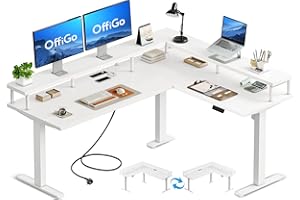 ‎OFFIGO OffiGo Eckschreibtisch Höhenverstellbar, 150x120cm Schreibtisch Höhenverstellbar mit Steckdose, Elektrischer Schreibtisch L Form mit Monitorständer, Weiß
