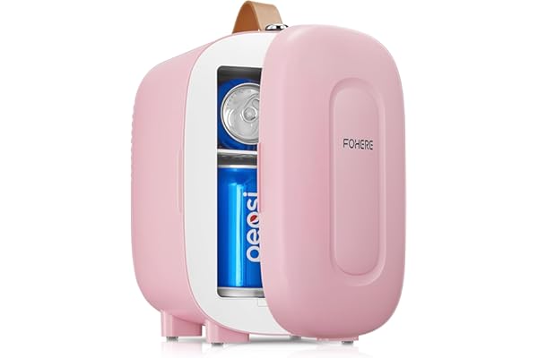 FOHERE Mini Nevera 5L,USB/CA 220V/ CC 12V, Comética Pequeña Nevera para Dormitorio, Silencioso, Portátil y Compacto, para Coche, Oficina, Dormitorio（Rosa）