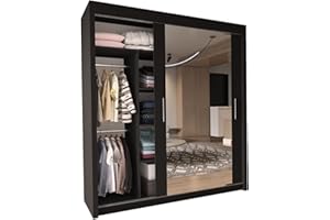 INTERWOOD 2&3 Mirror Sliding Door wardrobe for Bedroom Furniture with Shelves,Hanging Rails (Black, 150cm)