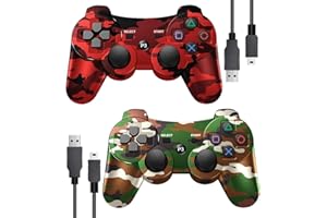 SWCTIM PS3 Controller Wireless 2 Pack,Verbesserte Fernbedienung für PS3,6-Achsen Gyro Sensor,Doppelter Vibration,USB-Ladekabel (Camo Rot und Camo Grün)