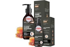 VETDOK® Dr. Winkler Dermatologisches Anti Juckreiz Set, Medizinisch basierte Wirkstoffe Chlorhexidin & Manuka Honig, Hundeshampoo 250ml und Anti Juckreiz Spray 75ml vom Tierarzt entwickelt