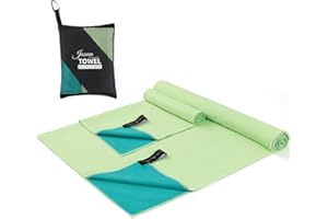 JASUEN Microfibre Towel Set- Compact Ultra light Quick Dry Towel for Travel Hiking Camping Sports Gym Beach Swimming Yoga (Double-sided (Dark Green + Light Green), 180x80cm+80x40cm)