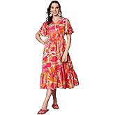 KZULLY | Dress for Women | Abstract Print Midi | V-Neck | Short Flounce Sleeves | Smocked Waist | Ruffled Hem | A-Line Fit & 