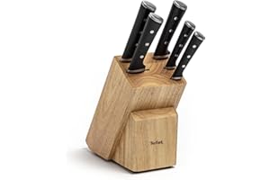‎TEFAL TEFAL Ice Force K232S574, Zestaw 5 noży w drewnianym bloku, Wyjątkowa trwałość i skuteczność, Nóż szefa kuchni 20cm, Nóż do chleba 20cm, Nóż Santoku 18cm, Nóż uniwersalny 11cm, Nóż do warzyw 9cm