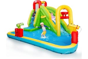 GYMAX Castello Gonfiabile per Bambini con Scivolo, Parete da Arrampicata e Piscina, Carico 160kg, Secco & Acqua, Parco Acquatico Gigante da Giardino con Paletti e Borsa, 400 x 335 x 230 cm