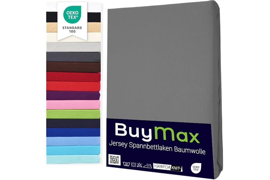 Buymax Spannbettlaken 140x200cm Baumwolle 100% Spannbetttuch Bettlaken Jersey, Matratzenhöhe bis 25 cm, Farbe Anthrazit-Grau 