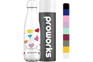 Proworks Edelstahl Trinkflasche | 24 Std. Kalt und 12 Std. Heiß - Vakuum Wasserflasche - Isolierflasche für Sport, Laufen, Fahrrad, Yoga und Camping - 500ml - Alles weiß - Herzen & Liebe