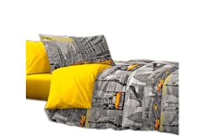 BIANCHERIASTORE NEW STYLE AT HOME COMPLETO LENZUOLA SINGOLO NEW YORK 100% COTONE PRODOTTO ITALIANO U.S.A GIALLO GRIGIO UNA PIAZZA