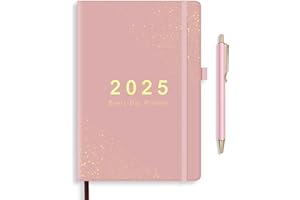 Agenda Giornaliera 2025, Diario di BELIAYAS con Passante per Penna e Chiusura Elastica, Copertina Morbida in Pelle PU, 12 Mesi, con 1pcs Penne Roller a Inchiostro Gel(1mm), A5, 156 Pagine, Rosa