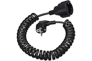 HITRENDS Cable de Extensión Schuko, Cable Espiral de Contacto de Protección Extensible de 0,6 m a 2 m máx, Cable de Alargador IP20(230V/16 A), 3 x 1,0 mm² con Enchufe y Acoplamiento Schuko, Negro