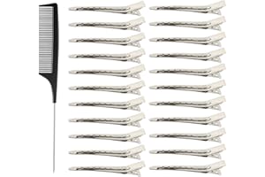 QEQSHQO Pinzas de Cocodrilo con Agujeros, 24 Piezas de Metal Negro Clips para El Cabello Suministros de Peluquería, Pinza de Pelo de Duckbill de 3.5 pulgadas de Acero(Peines incluidos)