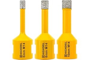 HIGHDRIL Broca de diamante - 3pcs 6/8/10mm con rosca M14 Taladrado en seco para azulejos de porcelana Cerámica Granito Mármol Piedra Mampostería Ladrillo para amoladoras angulares