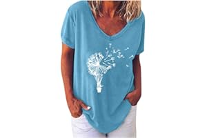 TIMEMEAN Tops Femmes T-Shirt Fleurie Pissenlit De Grande Taille Hauts De Chemisier Basiques à Col en V Et à Manches Courtes D'été Décontractés