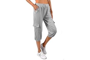 heekpek Femme Pantalon 3/4 Chic Ete Ample Pantalon Jogging Cotton Casual Pantacourt Pantalon de Yoga Pilattes Pantalon Décontracté avec Poches