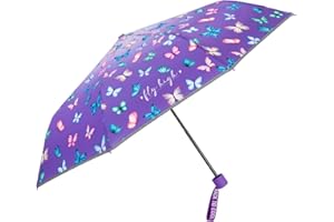 PERLETTI Petit Parapluie Enfant Fille avec Papillons Blancs et Violets - Ombrelle Ouverture Manuelle Enfants 5 6 7 Ans - Parapluie Pliant Coupe Vent Détails Réfléchissants - Diamètre 91 cm