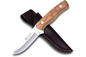 Joker Cuchillo Bushcraft enterizo Arrui 10" CO60, hoja de 10 cm, mango de madera de olivo, incluye funda de cuero marrón, Herramienta de pesca, caza, camping y senderismo