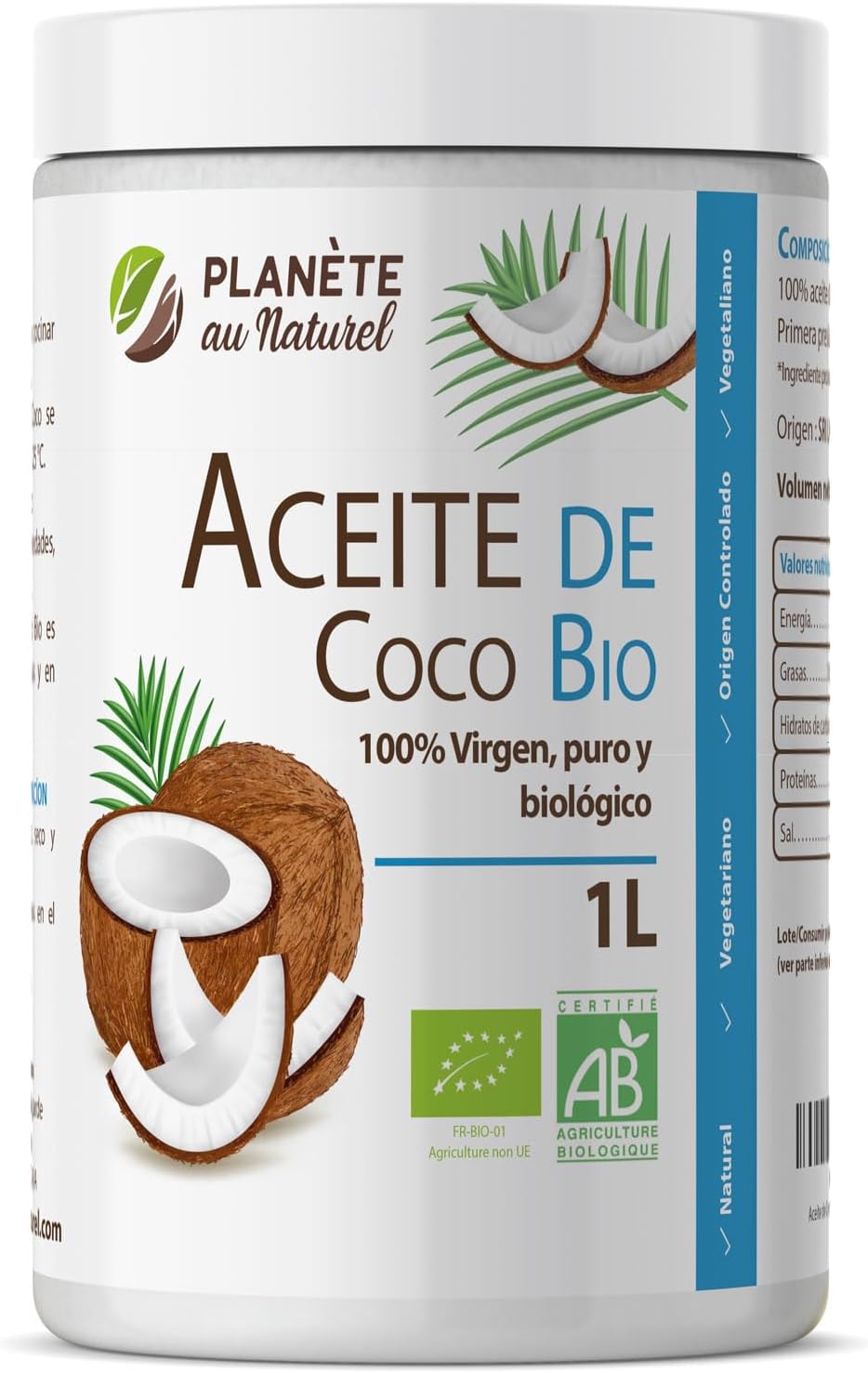 Aceite de Coco Virgen Orgánico 1 L - PRENSADO EN FRIO - Ideal para Cocinar - Ingredientes Naturales - Virgen Extra - Hidrata Piel y Cabello - Apto para Veganos