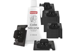 KONZEPT 11 Crochets adhésifs extérieur 50pcs avec Colle de Montage Extra-Forte 80ml, Fixation de Filet pour Chats sur Balcon sans perçage, Noir, Fixation pour Filet de Protection pour Chats