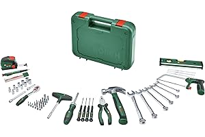 Bosch Werkzeug-Set 64-teilig (vielseitige, ergonomische Werkzeuge aus hochwertigen Materialien; Zange; Schraubenschlüssel; Schraubendreher; Ratsche; Messwerkzeuge; Säge; Hammer; Tieflochmarker)