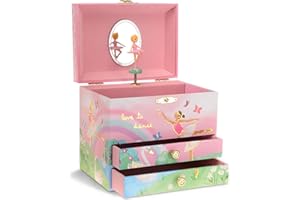 Jewelkeeper - Portagioie Musicale con Ballerina Rotante e Decorazione Arcobaleno - Porta Gioielli in Fibra di Pino con 2 Cassetti per Collane e Accessori - 17,1 x 11,4 x 14,9 cm - Rosa e Argento
