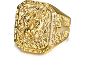 BOBIJOO JEWELRY - Anillo de Sello Grande Cabeza de León de Hombre, Cruz Gitana Chapada en Oro de Acero Inoxidable