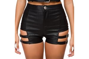 IWEMEK Kurze Lederhose Damen Schwarz High Waist PU Ledershorts Rave Pole Dance Booty Shorts Party Outfit Nachtclub Gothic Kurze Hose Lackhose Hotpants Sexy Clubwear