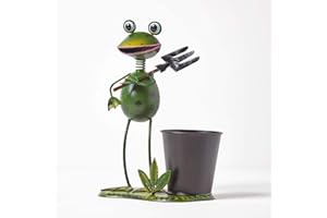 Homescapes Figura decorativa da giardino con forcella, statuetta da giardino in ferro, dipinta a mano con vaso di fiori, statuette di animali per giardino e balcone, verde circa 28 cm di altezza