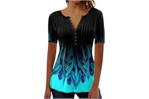 YOLOKE 2023 Summer Short Sleeve Tops for Women UK Trendy Casual Floral Graphic Shirts Tunic Blouses Plus Size Crew Neck Boho Henley Tees