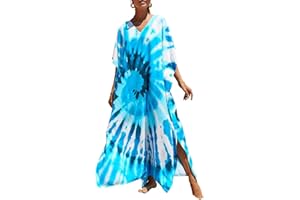 Bsubseach Robe Caftan de Plage Décontractée à Manches Courtes Femme Kaftan Floral Maxi Longue Tunique Bohème Boho Eté Djellaba Kimono