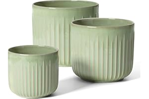 LE TAUCI Macetas, 14+17.5+21 cm Macetas de Cerámica con Agujero de Drenaje, Juego de 3 Maceteros Grandes, Macetas de Interior, Verde Esmaltado