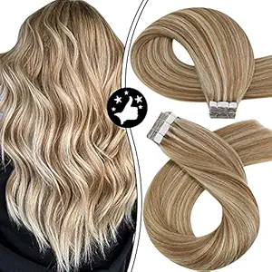 Moresoo Glue in Human Hair Extensions Full Head 14inch Tape Hair Extensions Remy Human Hair PU Tape in Hair Extensions Seamless Human Hair Color #6 Brown Highlighted with #60 Blonde 20PCS 50G