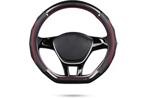 Ergocar Funda Volante De Coche Antideslizante Volante De Coche Protector Forma De D Fibra de Carbono & Piel de Vaca de Primera Capa Para Diámetro 38cm (15 ") (D-negro-rojo)