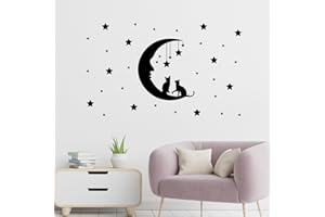 CREATIVASS Vinilo Adhesivo Negro Gatos Luna Estrellas Decorativo Salón Comedor Habitación Matrimonio Dormitorio Vinilo Para Muebles Murales Decorativos Pared Pegatina Adhesiva Ventana Decoración Pared Hogar