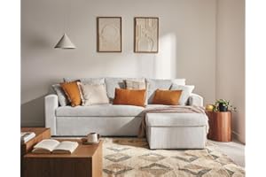 ‎BESTMOBILIER Cyrus - ecksofa beidseitig montierbar 4-Sitzer - schlaffunktion und Bettkasten - aus Cordstoff Hellgrau