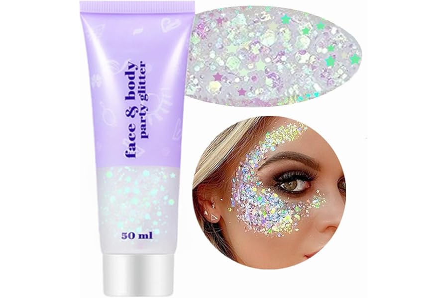 Go Ho Clear White Face Glitter Gel 50ML,Festival Accessories Face Gems,Hair/Lips/Nails/Body Glitter for Makeup DIY Art,Holographic Long Lasting Fine&Chunky Sparkle Sequins Glitters