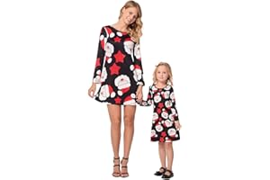 FYMNSI Weihnachten Mutter Tochter Partnerlook Kleid Damen Mädchen Langarm Weihnachtskleid Weihnachtsmann Schneemann Gedruckt A-Linie Festkleid Mama Baby Passend Familie Kleidung Abendkleid